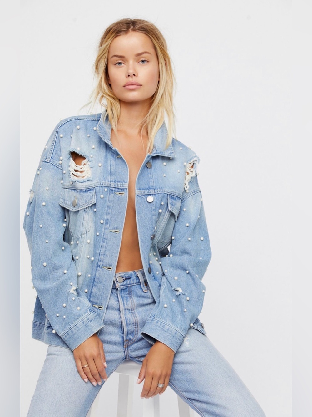 Free People Sunday Funday Trucker Pearl Embellished Oversized Jean Jacket XS